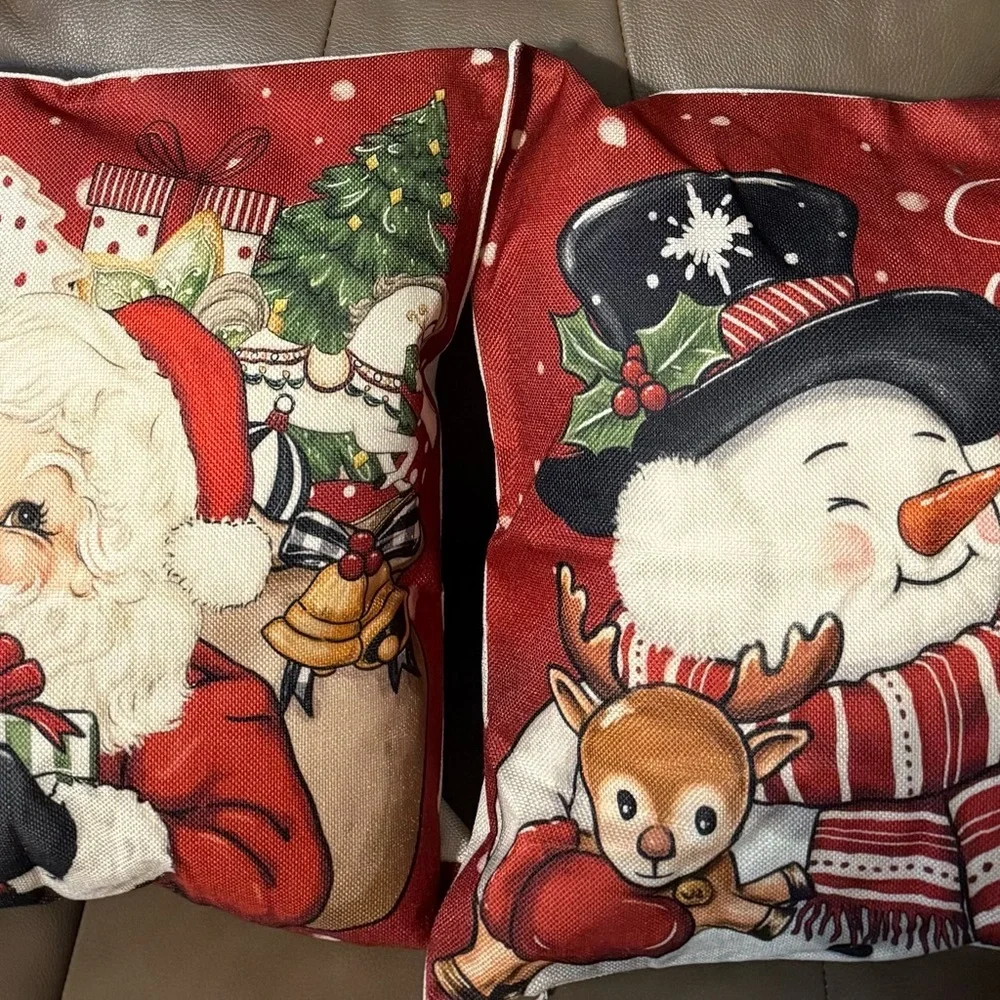Two Festive Santa Claus/Snowman Pillows